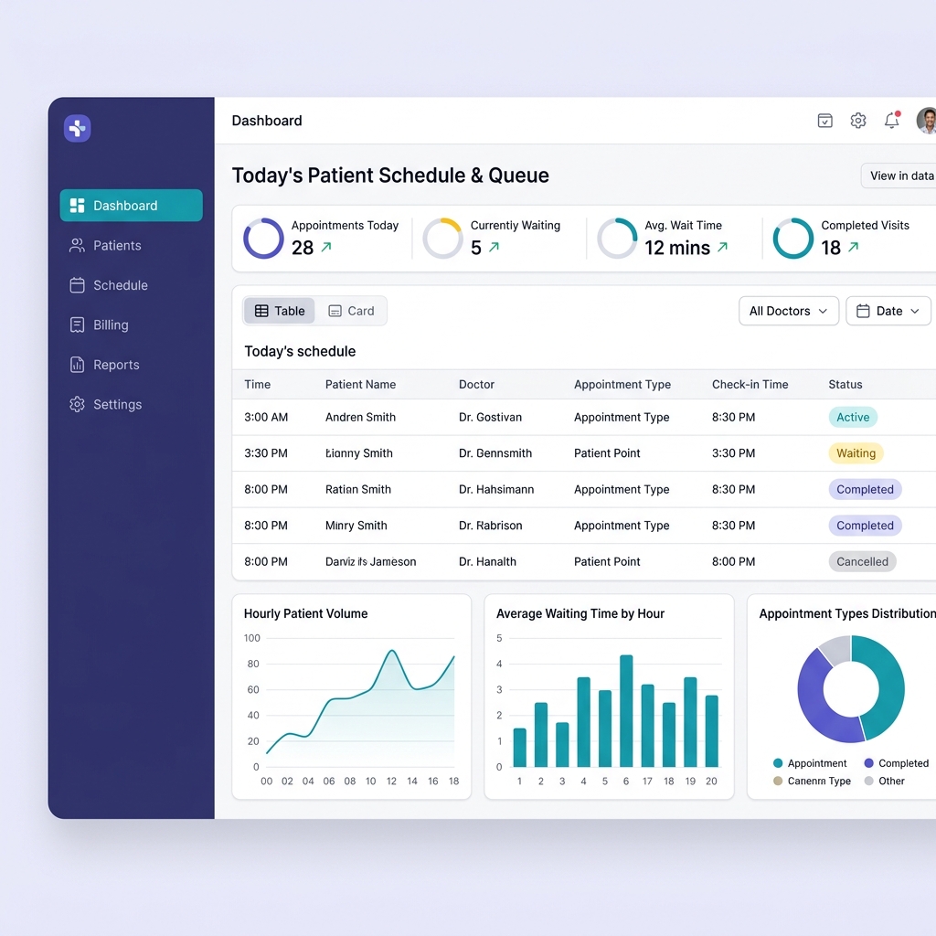 Healthcare scheduling dashboard with patient queue, appointment cards, and flow metrics visualization