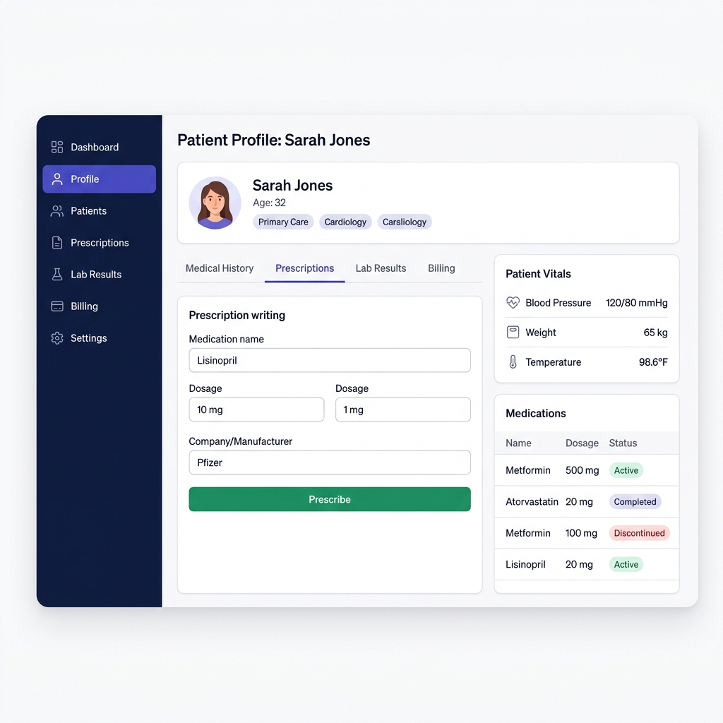Electronic health record detail view with patient profile, prescription form, and vitals summary